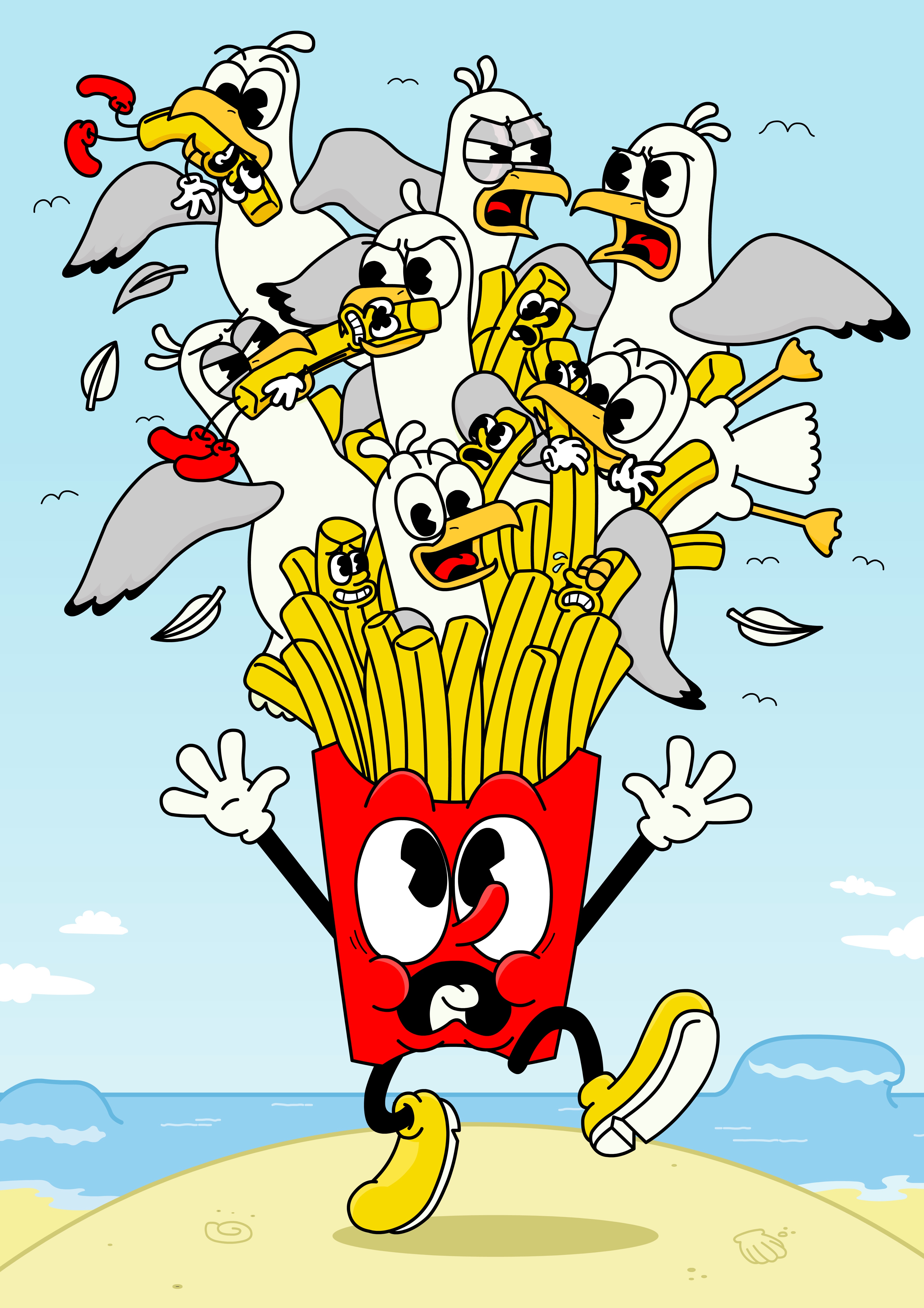 French Fryz mascot at the beach with seagulls