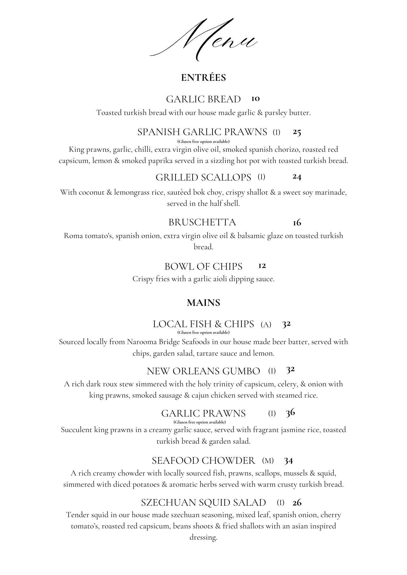 Dine-in menu – seafood, schnitzel & burgers