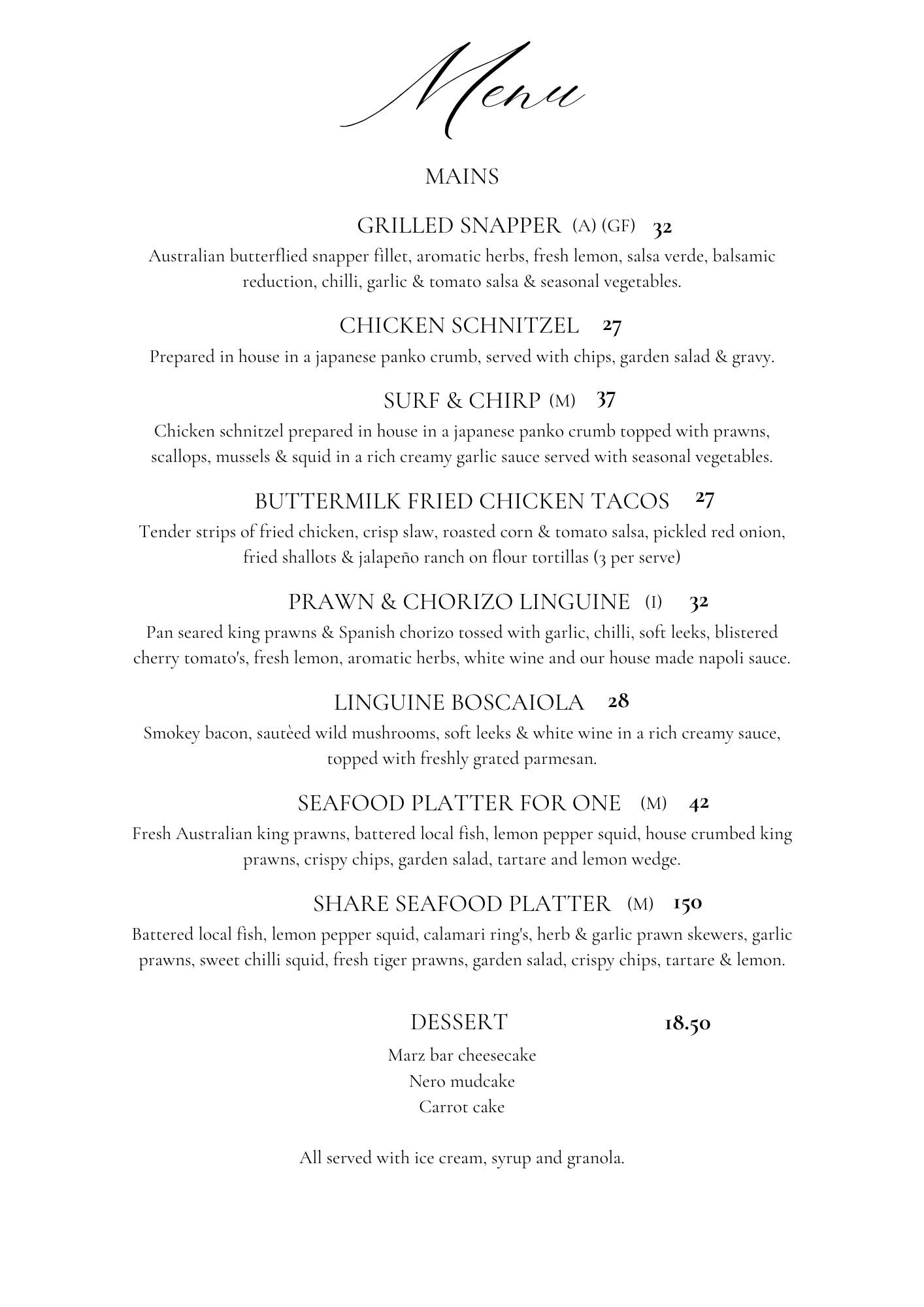 Dine-in menu – pasta, share platter, kids meals & dessert