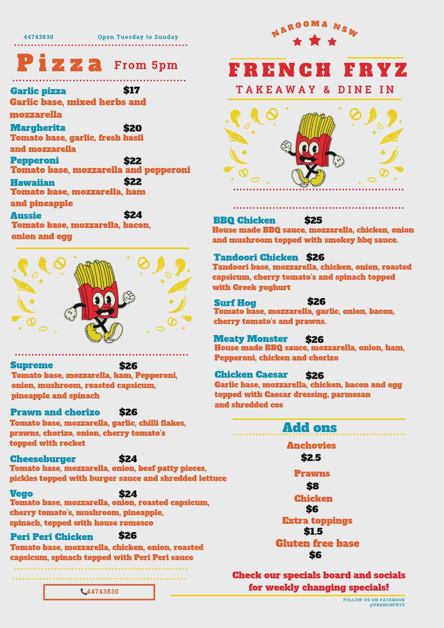 French Fryz pizza menu