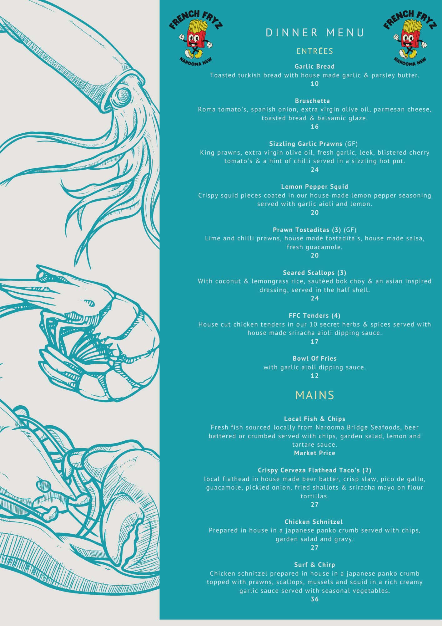 Pop-up dinner menu — entrées and mains