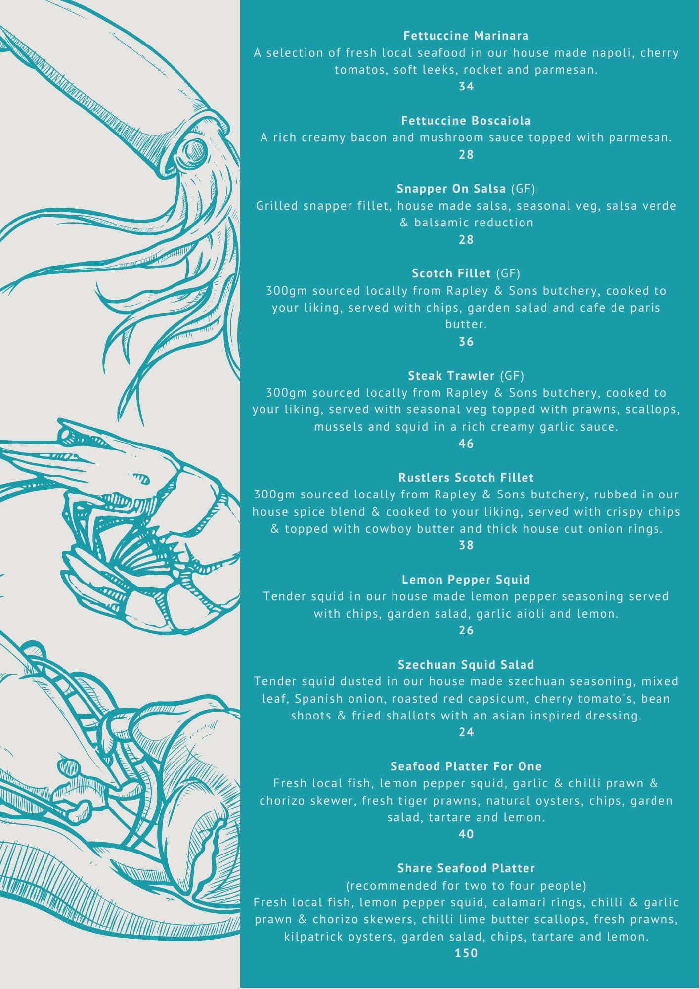 Pop-up dinner menu — mains continued and platters